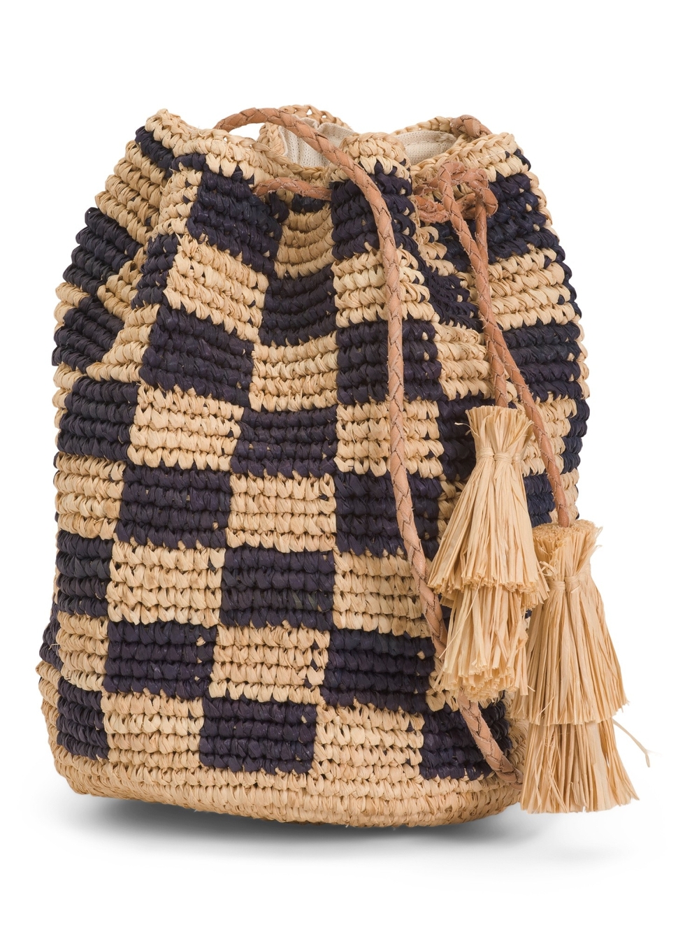 Mar Y Sol Handwoven Check Raffia Drawstring Crossbody Bag